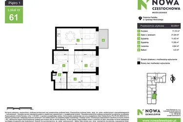 Rzut - Mieszkanie na sprzedaż 3 pokoje o powierzchni 59,99 m² - numer M61 w Nowa Częstochowa Mościckiego