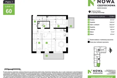 Rzut - Mieszkanie na sprzedaż 3 pokoje o powierzchni 72,06 m² - numer M60 w Nowa Częstochowa Mościckiego