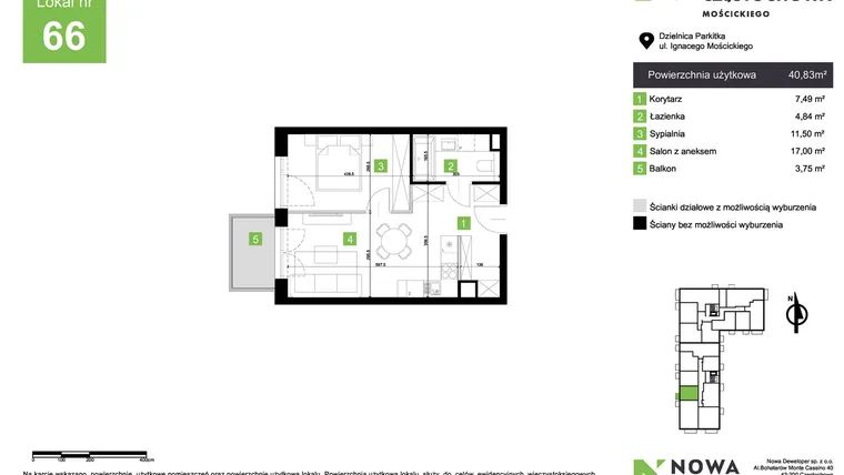 Rzut - Mieszkanie na sprzedaż 2 pokoje o powierzchni 40,83 m² - numer M66 w Nowa Częstochowa Mościckiego