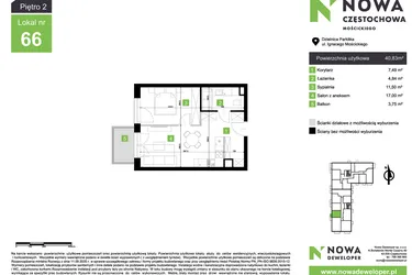 Rzut - Mieszkanie na sprzedaż 2 pokoje o powierzchni 40,83 m² - numer M66 w Nowa Częstochowa Mościckiego