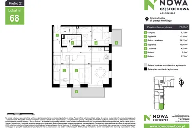 Rzut - Mieszkanie na sprzedaż 3 pokoje o powierzchni 72,06 m² - numer M68 w Nowa Częstochowa Mościckiego