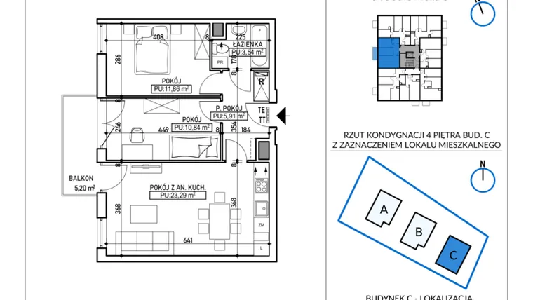 Rzut - Mieszkanie na sprzedaż 3 pokoje o powierzchni 55,44 m² - numer 5-29 w Jodłowicka 5