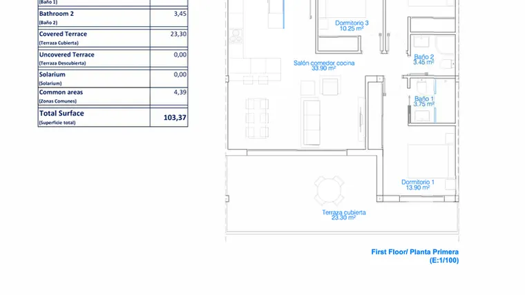 Rzut - Mieszkanie na sprzedaż 3 pokoje o powierzchni 103,37 m² - numer 1-2.8 w Mieszkania w Pilar de la Horadada - 73811377