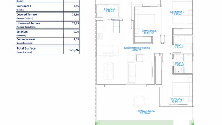 Rzut - Mieszkanie na sprzedaż 3 pokoje o powierzchni 176,26 m² - numer 0-2.7 w Mieszkania w Pilar de la Horadada - 73811377