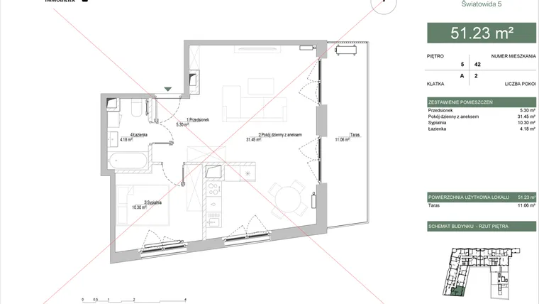 Rzut - Mieszkanie na sprzedaż 2 pokoje o powierzchni 51,67 m² - numer M042 w IKONA Światowida 5
