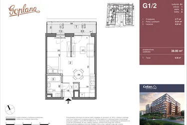 Rzut - Mieszkanie na sprzedaż 1 pokój o powierzchni 38,9 m² - numer G1/2 w Goplana budynek G
