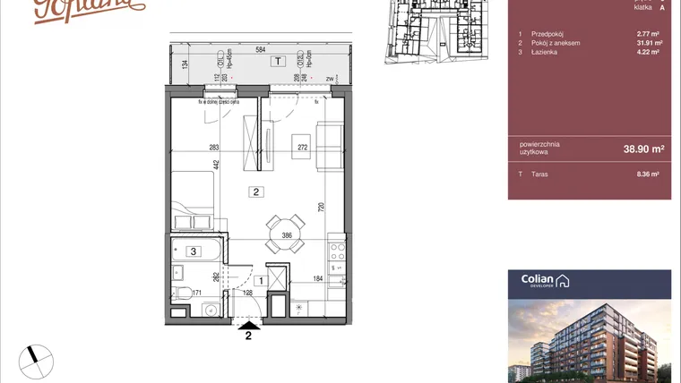 Rzut - Mieszkanie na sprzedaż 1 pokój o powierzchni 38,9 m² - numer G1/2 w Goplana budynek G