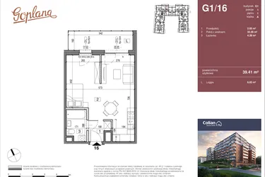 Rzut - Mieszkanie na sprzedaż 1 pokój o powierzchni 39,41 m² - numer G1/16 w Goplana budynek G