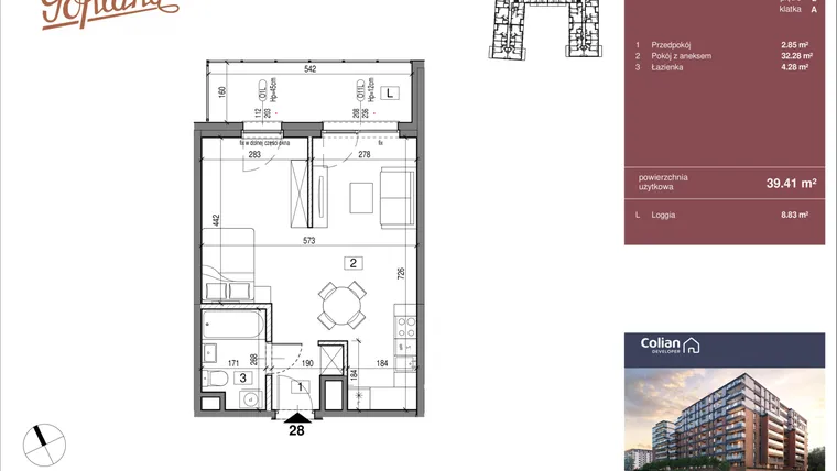 Rzut - Mieszkanie na sprzedaż 1 pokój o powierzchni 39,41 m² - numer G1/28 w Goplana budynek G