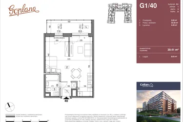 Rzut - Mieszkanie na sprzedaż 1 pokój o powierzchni 39,41 m² - numer G1/40 w Goplana budynek G