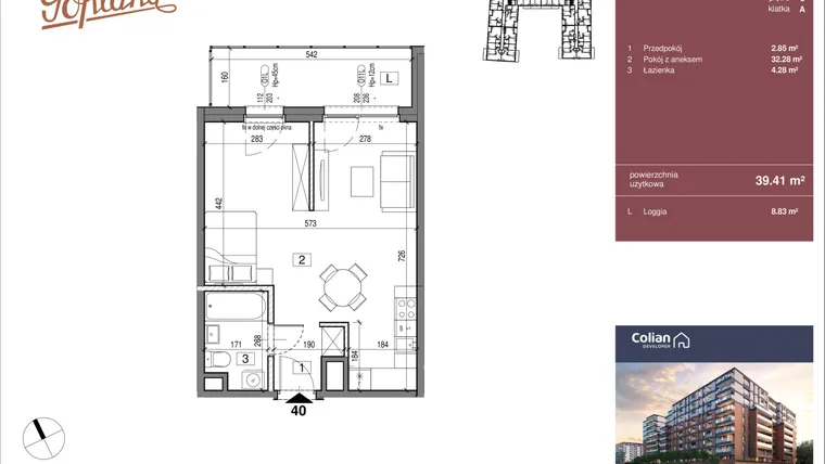 Rzut - Mieszkanie na sprzedaż 1 pokój o powierzchni 39,41 m² - numer G1/40 w Goplana budynek G