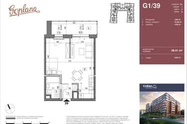 Rzut - Mieszkanie na sprzedaż 1 pokój o powierzchni 39,41 m² - numer G1/39 w Goplana budynek G