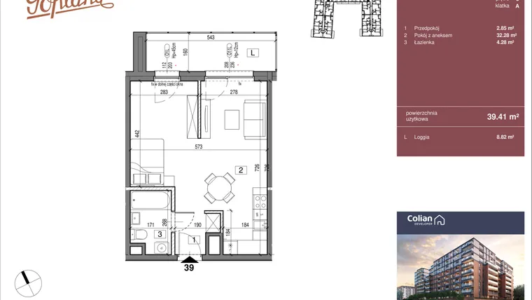 Rzut - Mieszkanie na sprzedaż 1 pokój o powierzchni 39,41 m² - numer G1/39 w Goplana budynek G