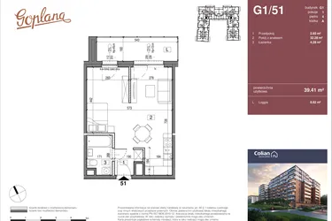 Rzut - Mieszkanie na sprzedaż 1 pokój o powierzchni 39,41 m² - numer G1/51 w Goplana budynek G