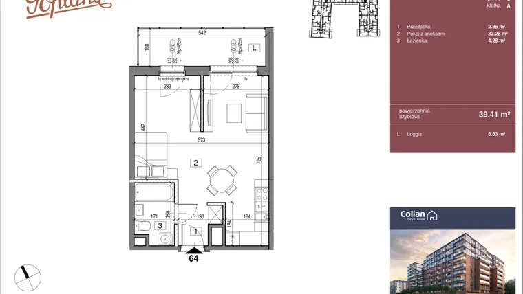 Rzut - Mieszkanie na sprzedaż 1 pokój o powierzchni 39,41 m² - numer G1/64 w Goplana budynek G