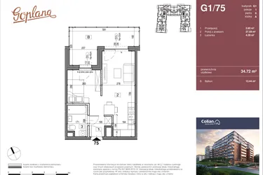Rzut - Mieszkanie na sprzedaż 1 pokój o powierzchni 34,72 m² - numer G1/75 w Goplana budynek G