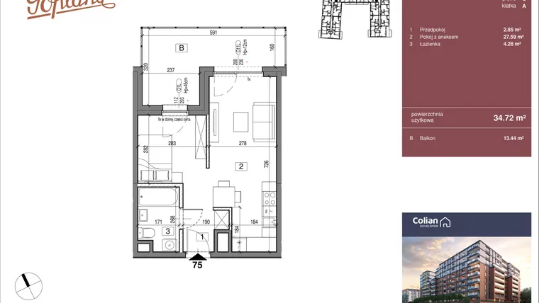 Rzut - Mieszkanie na sprzedaż 1 pokój o powierzchni 34,72 m² - numer G1/75 w Goplana budynek G