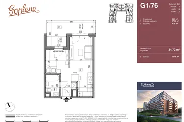 Rzut - Mieszkanie na sprzedaż 1 pokój o powierzchni 34,72 m² - numer G1/76 w Goplana budynek G