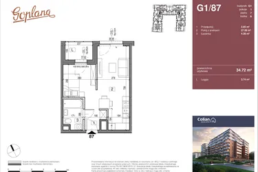 Rzut - Mieszkanie na sprzedaż 1 pokój o powierzchni 34,72 m² - numer G1/87 w Goplana budynek G