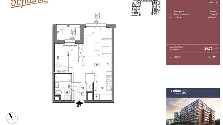 Rzut - Mieszkanie na sprzedaż 1 pokój o powierzchni 34,72 m² - numer G1/87 w Goplana budynek G