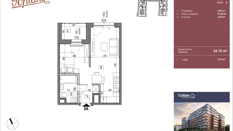 Rzut - Mieszkanie na sprzedaż 1 pokój o powierzchni 34,72 m² - numer G1/88 w Goplana budynek G