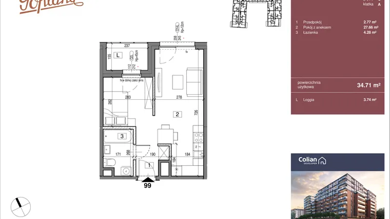 Rzut - Mieszkanie na sprzedaż 1 pokój o powierzchni 34,71 m² - numer G1/99 w Goplana budynek G
