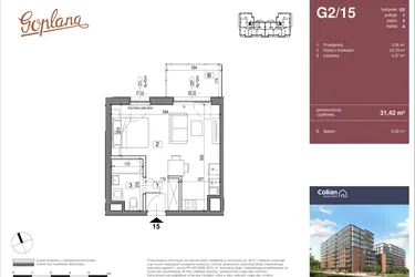 Rzut - Mieszkanie na sprzedaż 1 pokój o powierzchni 31,42 m² - numer G2/15 w Goplana budynek G