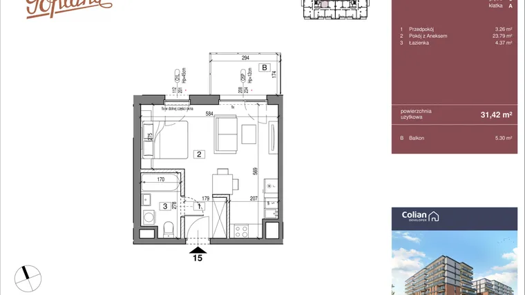 Rzut - Mieszkanie na sprzedaż 1 pokój o powierzchni 31,42 m² - numer G2/15 w Goplana budynek G