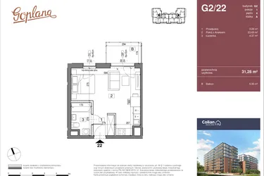 Rzut - Mieszkanie na sprzedaż 1 pokój o powierzchni 31,28 m² - numer G2/22 w Goplana budynek G