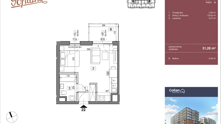 Rzut - Mieszkanie na sprzedaż 1 pokój o powierzchni 31,28 m² - numer G2/22 w Goplana budynek G