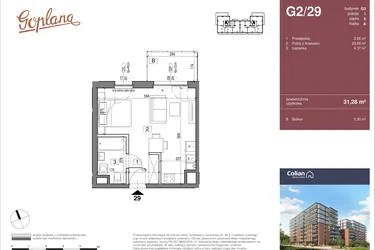 Rzut - Mieszkanie na sprzedaż 1 pokój o powierzchni 31,28 m² - numer G2/29 w Goplana budynek G
