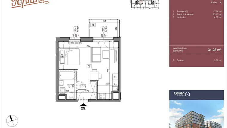 Rzut - Mieszkanie na sprzedaż 1 pokój o powierzchni 31,28 m² - numer G2/29 w Goplana budynek G
