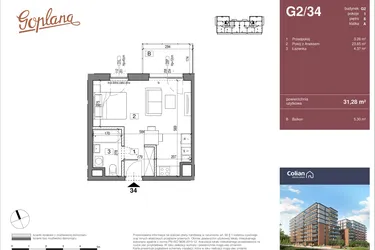 Rzut - Mieszkanie na sprzedaż 1 pokój o powierzchni 31,28 m² - numer G2/34 w Goplana budynek G