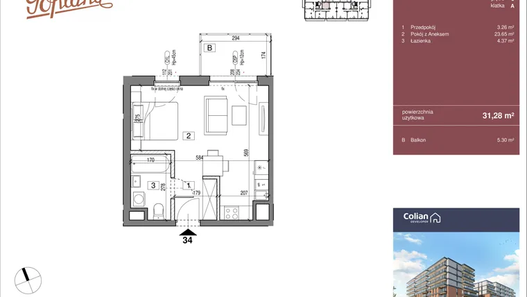 Rzut - Mieszkanie na sprzedaż 1 pokój o powierzchni 31,28 m² - numer G2/34 w Goplana budynek G