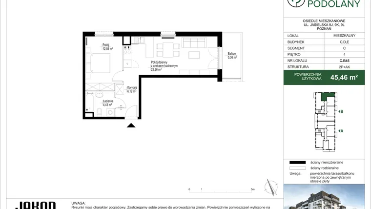 Rzut - Mieszkanie na sprzedaż 2 pokoje o powierzchni 45,35 m² - numer C.B45 w Sielskie Podolany II