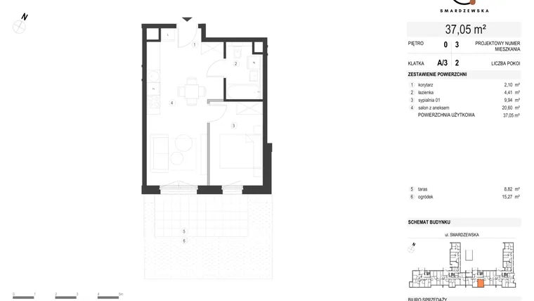Rzut - Mieszkanie na sprzedaż 2 pokoje o powierzchni 37,18 m² - numer A/3/0.3 w Smardzewska 8