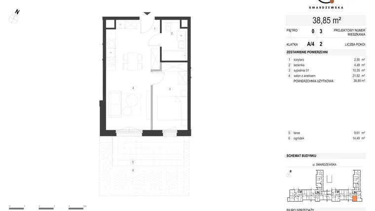Rzut - Mieszkanie na sprzedaż 2 pokoje o powierzchni 38,85 m² - numer A/4/0.3 w Smardzewska 8