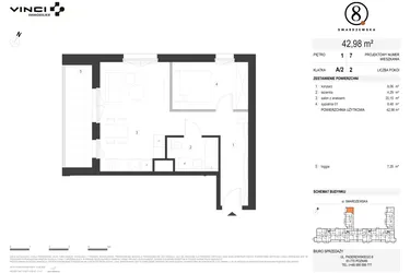 Rzut - Mieszkanie na sprzedaż 2 pokoje o powierzchni 42,98 m² - numer A/2/1.7 w Smardzewska 8