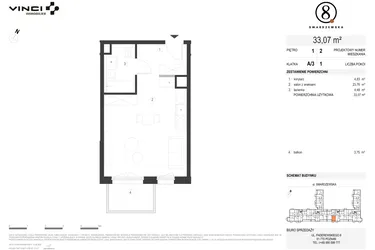 Rzut - Mieszkanie na sprzedaż 1 pokój o powierzchni 33,07 m² - numer A/3/1.2 w Smardzewska 8