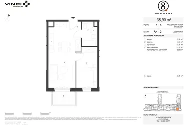 Rzut - Mieszkanie na sprzedaż 2 pokoje o powierzchni 38,9 m² - numer A/4/1.3 w Smardzewska 8