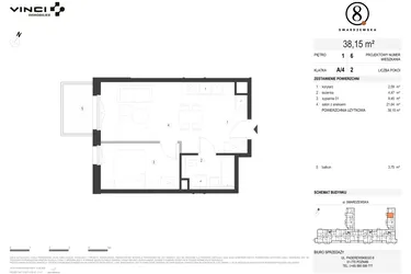 Rzut - Mieszkanie na sprzedaż 2 pokoje o powierzchni 38,15 m² - numer A/4/1.6 w Smardzewska 8