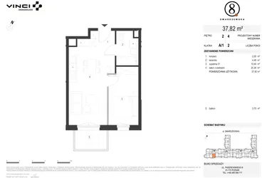 Rzut - Mieszkanie na sprzedaż 2 pokoje o powierzchni 37,82 m² - numer A/1/2.4 w Smardzewska 8