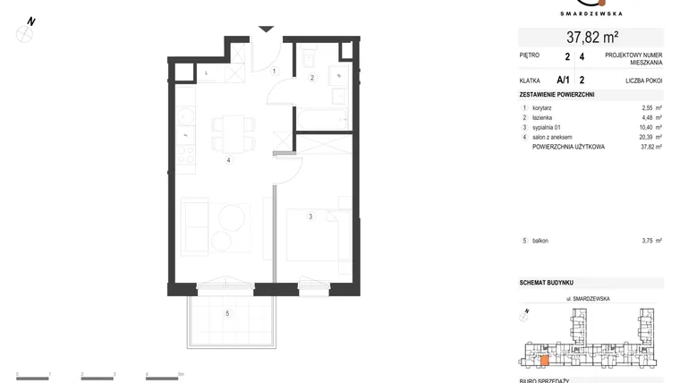 Rzut - Mieszkanie na sprzedaż 2 pokoje o powierzchni 37,82 m² - numer A/1/2.4 w Smardzewska 8