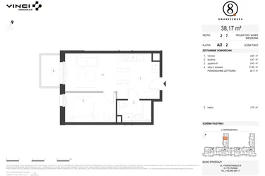 Rzut - Mieszkanie na sprzedaż 2 pokoje o powierzchni 38,17 m² - numer A/2/2.7 w Smardzewska 8