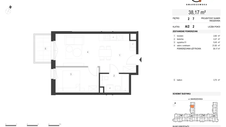 Rzut - Mieszkanie na sprzedaż 2 pokoje o powierzchni 38,17 m² - numer A/2/2.7 w Smardzewska 8