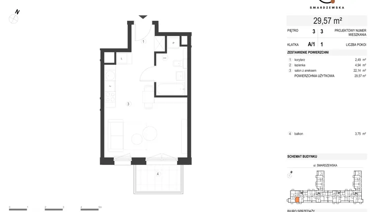 Rzut - Mieszkanie na sprzedaż 1 pokój o powierzchni 29,57 m² - numer A/1/3.3 w Smardzewska 8