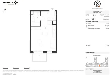 Rzut - Mieszkanie na sprzedaż 1 pokój o powierzchni 33,07 m² - numer A/3/3.2 w Smardzewska 8