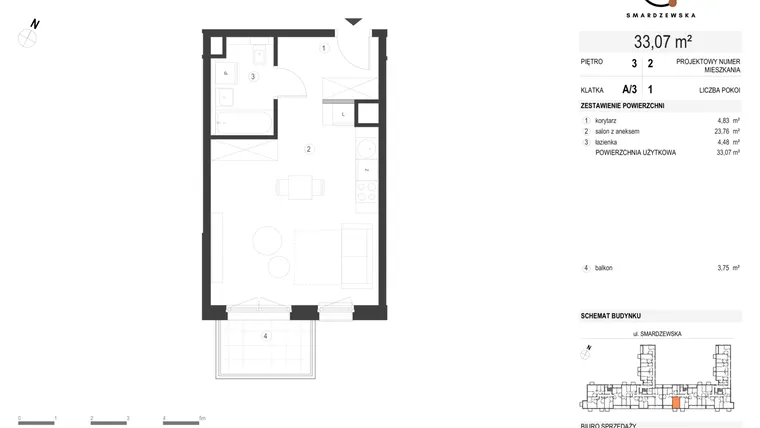 Rzut - Mieszkanie na sprzedaż 1 pokój o powierzchni 33,07 m² - numer A/3/3.2 w Smardzewska 8