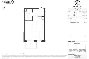 Rzut - Mieszkanie na sprzedaż 1 pokój o powierzchni 33,03 m² - numer A/3/4.2 w Smardzewska 8