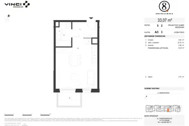 Rzut - Mieszkanie na sprzedaż 1 pokój o powierzchni 33,07 m² - numer A/3/5.2 w Smardzewska 8